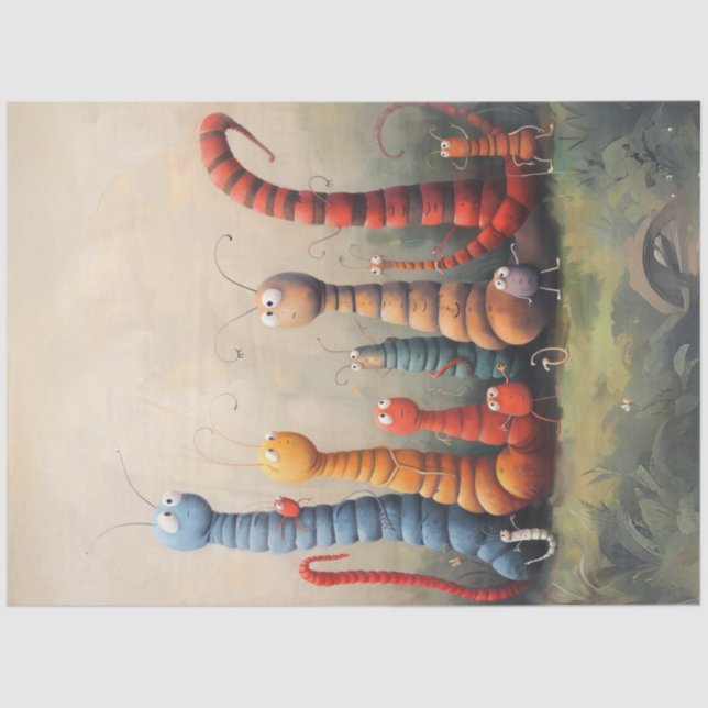 Decoupage Whimsical Cartoon Bookworms Caterpillars Tissue Paper (Front)