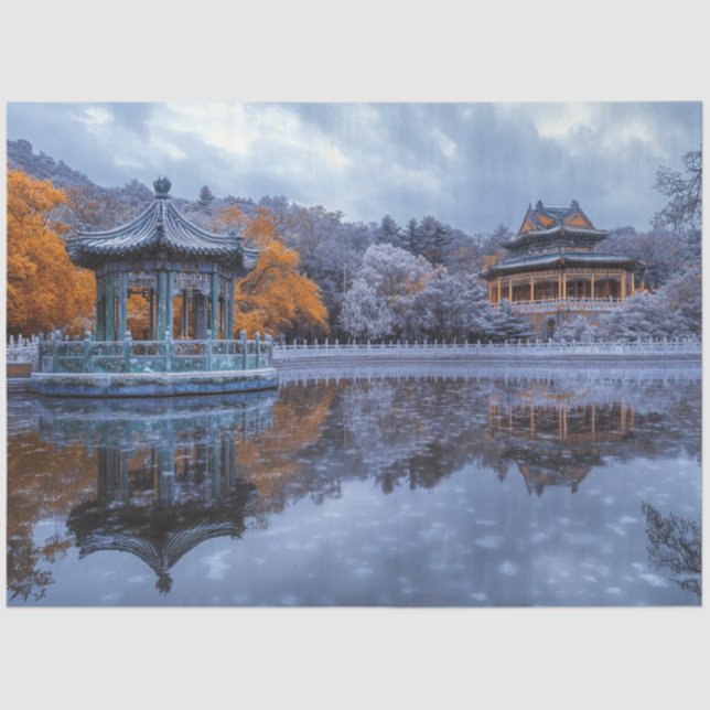 Decoupage Whimsical Chinese Garden Pavilion Temple Tissue Paper (Front)