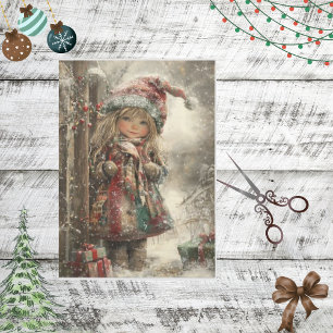 Decoupage Whimsical Christmas Girl Winter Scene  Tissue Paper