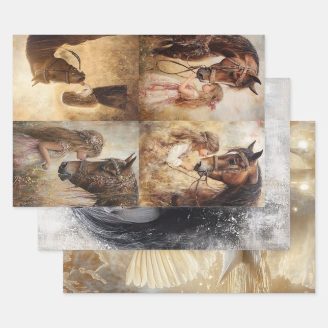 Decoupage Whimsical Collection Horses & Swan  Wrapping Paper Sheet (Set)