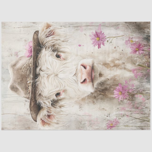 Decoupage Whimsical Cow Painting Pink Flowers  Tissue Paper (Front)