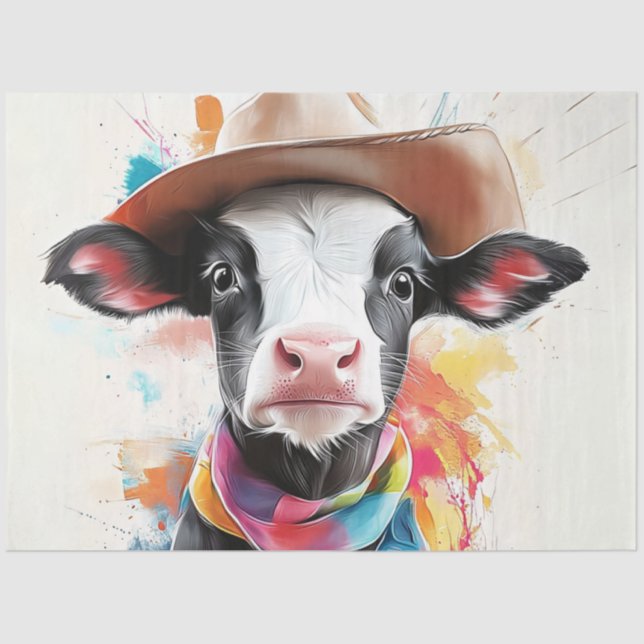 Decoupage Whimsical Cowboy Calf With Hat  Tissue Paper (Front)