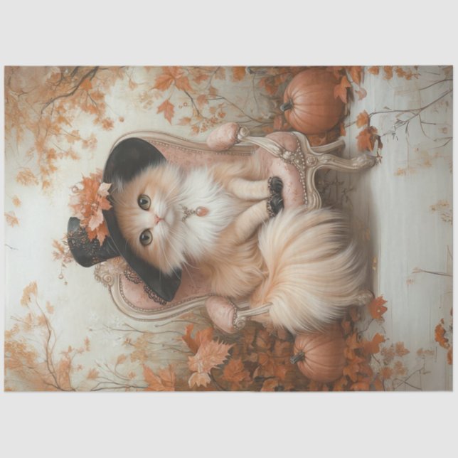 Decoupage Whimsical Cream Cat at Thanksgiving Tissue Paper (Front)