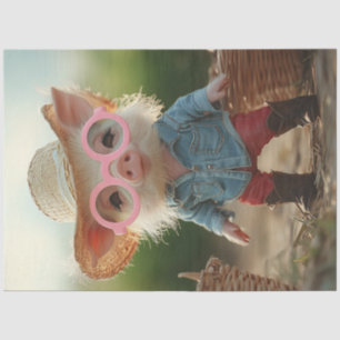 Decoupage Whimsical Farm Piglet in Straw Hat  Tissue Paper