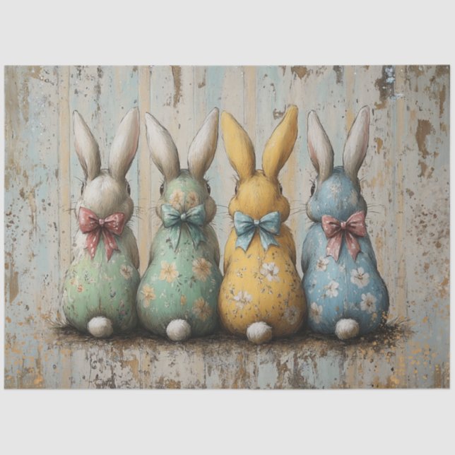 Decoupage Whimsical Floral Bunnies From Back View Tissue Paper (Front)