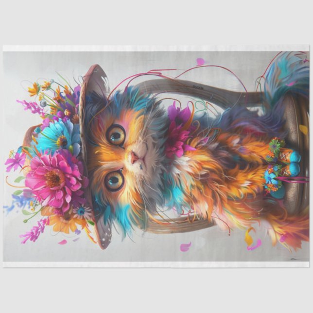 Decoupage Whimsical Floral Feline Fantasy Cat  Tissue Paper (Front)
