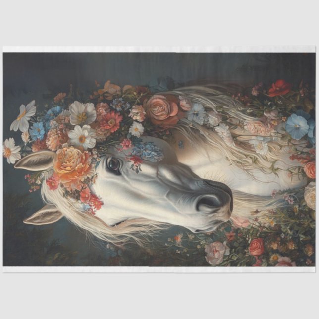 Decoupage Whimsical Flower Adorned Winning Horse  Tissue Paper (Front)