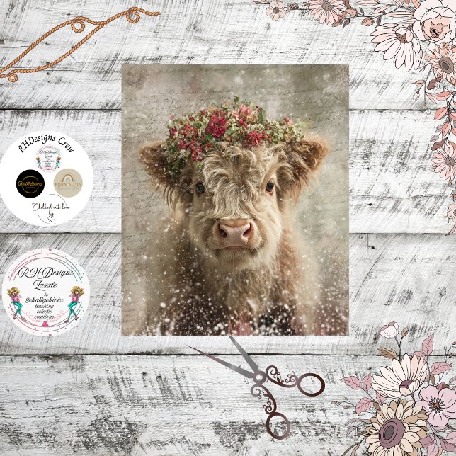 Decoupage Whimsical Highland Calf Floral Crown  Tissue Paper (Creator Uploaded)