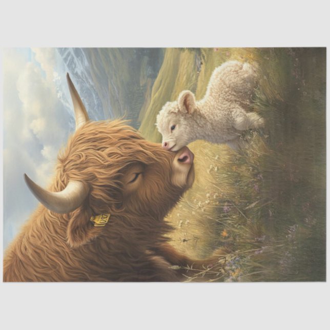 Decoupage Whimsical Highland Cow and Calf in Field Tissue Paper (Front)