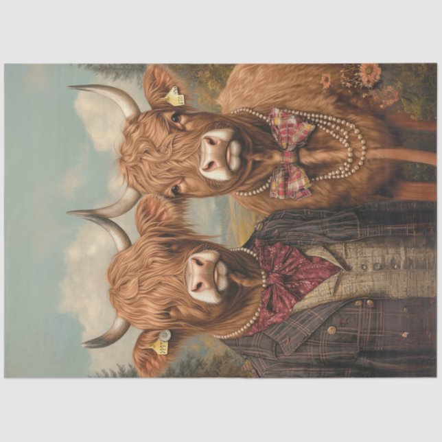 Decoupage Whimsical Highland Cow Couple  Tissue Paper (Front)