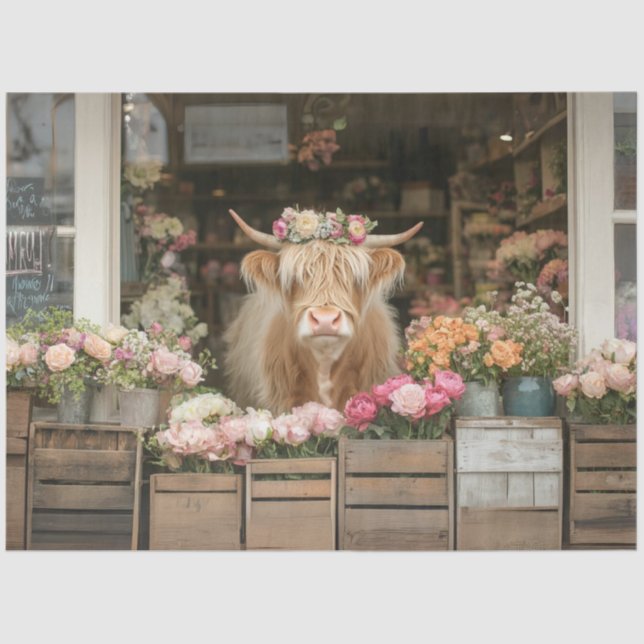 Decoupage Whimsical Highland Cow Flower Shop  Tissue Paper (Front)