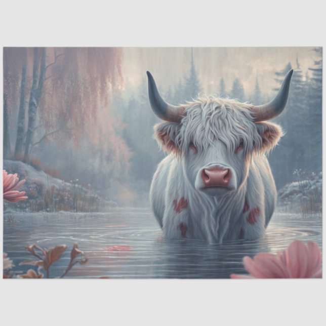 Decoupage Whimsical Highland Cow Pink Hue Pond  Tissue Paper (Front)