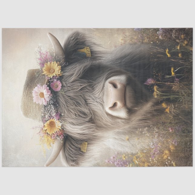 Decoupage Whimsical Highland Cow Wearing Hat  Tissue Paper (Front)