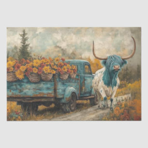 Decoupage Whimsical Highland Longhorn & Flowers Tissue Paper