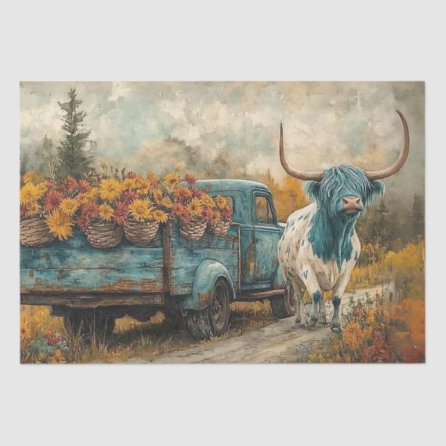 Decoupage Whimsical Highland Longhorn & Flowers Tissue Paper (Front)