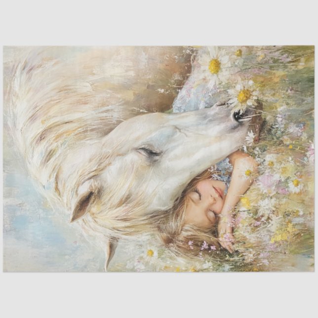 Decoupage Whimsical Horse & Little Girl Fiowers Tissue Paper (Front)