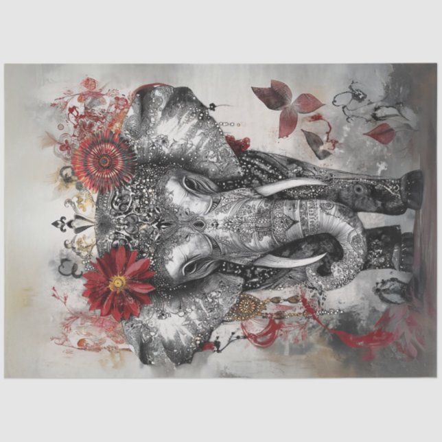 Decoupage Whimsical Intricate Elephant Red Black  Tissue Paper (Front)