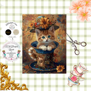 Decoupage Whimsical Kitten Ornate Teacup  Tissue Paper
