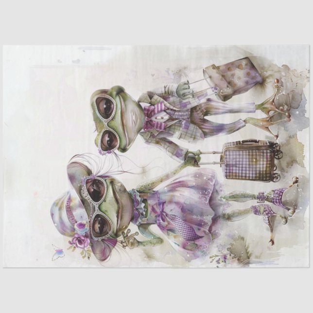 Decoupage Whimsical Lilac Frog Couple Travelling  Tissue Paper (Front)