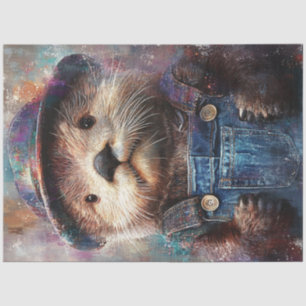 Decoupage Whimsical Otter Denim Overhauls  Tissue Paper