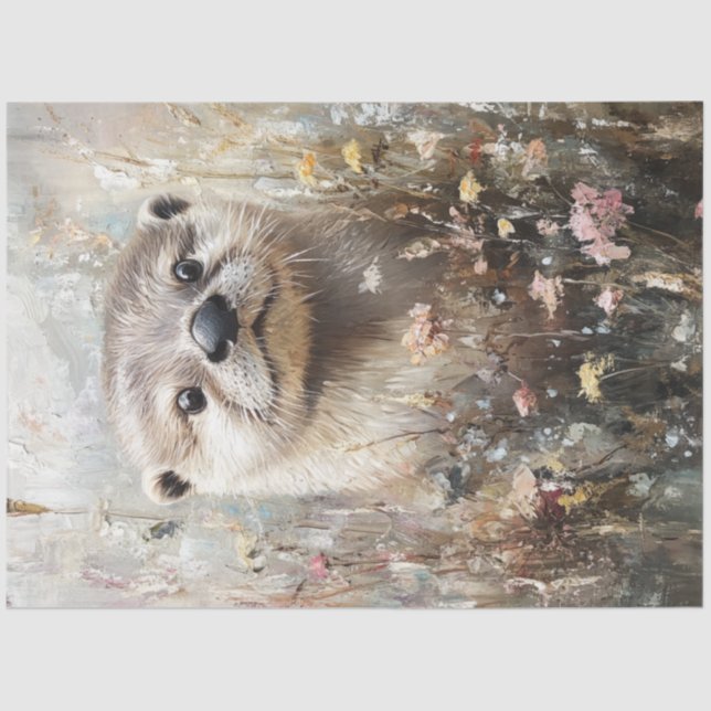 Decoupage Whimsical Otter In Field Of Flowers  Tissue Paper (Front)