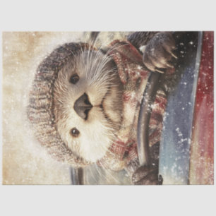 Decoupage Whimsical Otter in Hat Driving Car  Tissue Paper