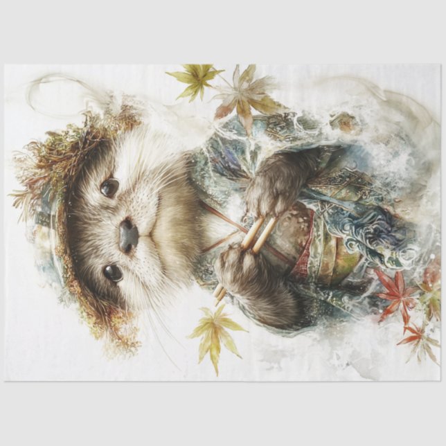 Decoupage Whimsical Otter Japanese Clothing Tissue Paper (Front)