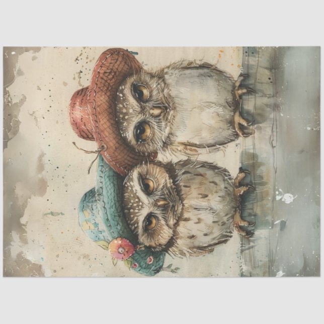 Decoupage Whimsical Owl Sisters Perche On Limb Tissue Paper (Front)