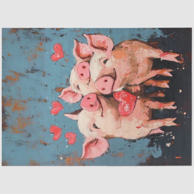 Decoupage Whimsical Painting Valentine 3 Pigs Tissue Paper (Front)
