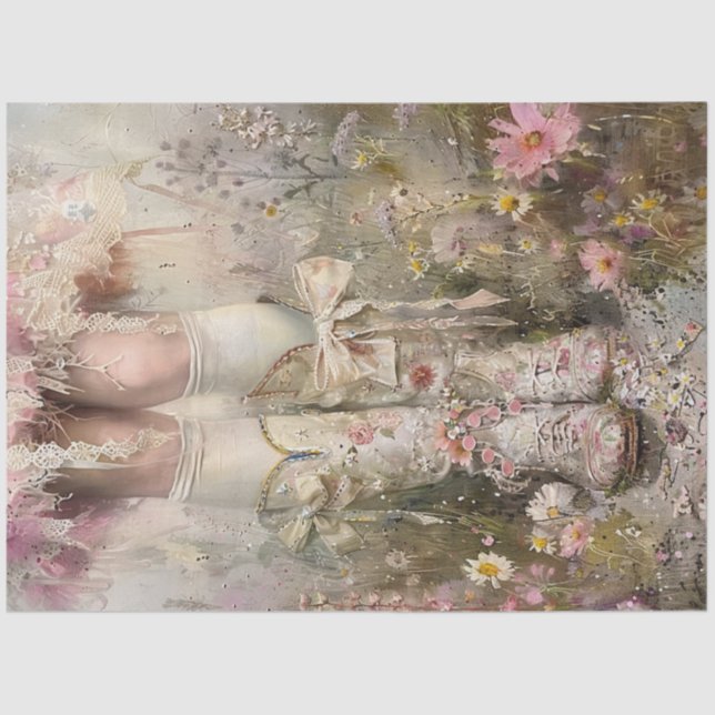 Decoupage Whimsical Peach Coloured Boots & Flowers Tissue Paper (Front)