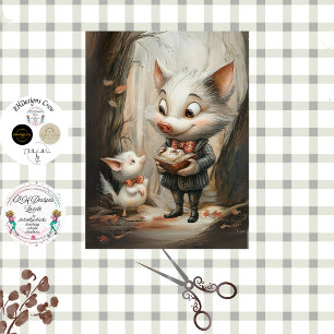 Decoupage Whimsical Pig Duo in Forest Tissue Paper