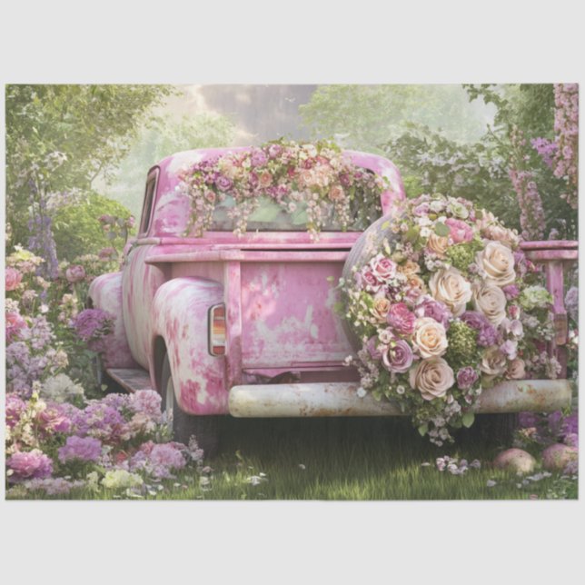 Decoupage Whimsical Pink Vintage Truck & Flowers  Tissue Paper (Front)