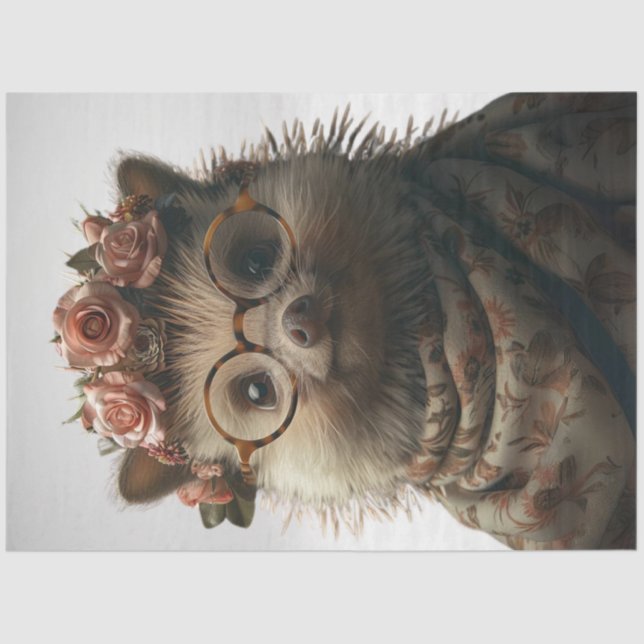 Decoupage Whimsical Porcupine Lady All Dressed Up Tissue Paper (Front)