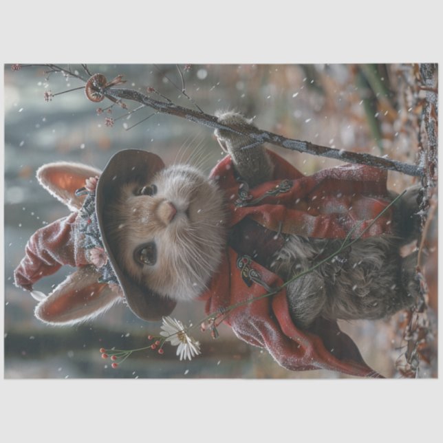 Decoupage Whimsical Rabbit Wearing Clock in Winter Tissue Paper (Front)