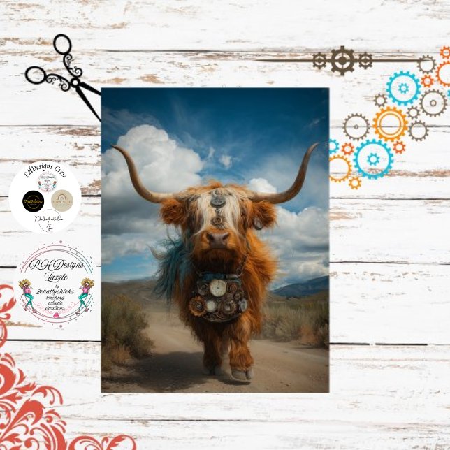 Decoupage Whimsical Red Steampunk Highland Gears Tissue Paper (Creator Uploaded)