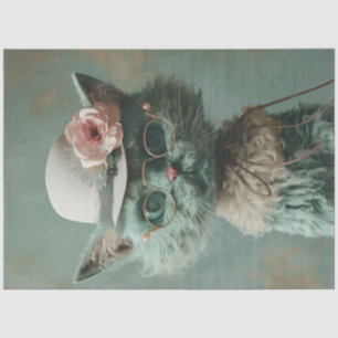 Decoupage Whimsical Sage Green Cat Vintage Hat  Tissue Paper