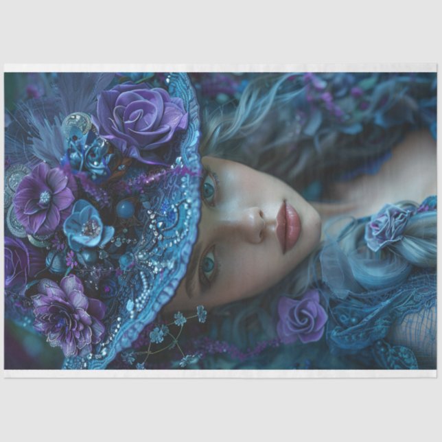 Decoupage Whimsical Southern Bell Lady Teal Purple Tissue Paper (Front)