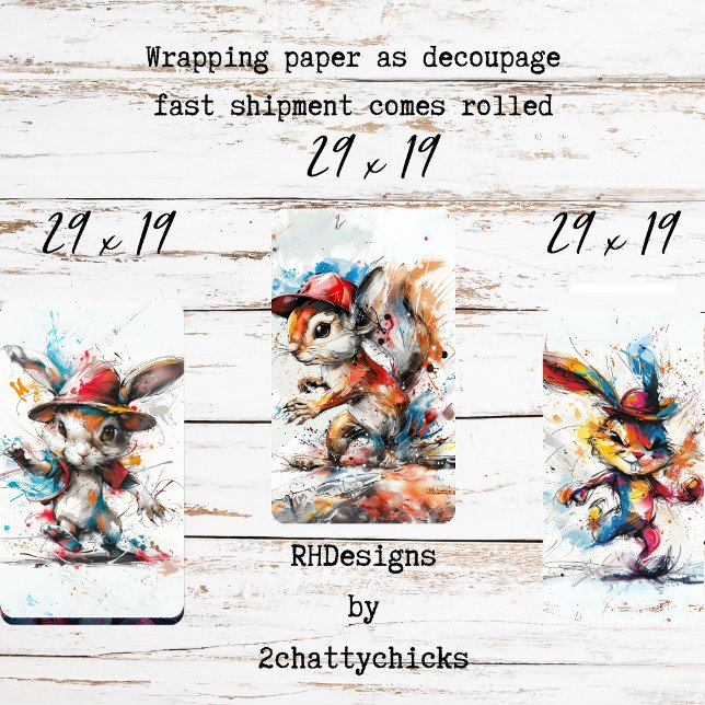 Decoupage Whimsical Splash Painted Rabbit Squirrel Wrapping Paper Sheet (Creator Uploaded)