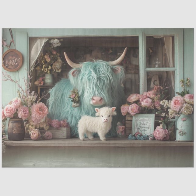 Decoupage Whimsical Teal Highland and Calf Flowers Tissue Paper (Front)