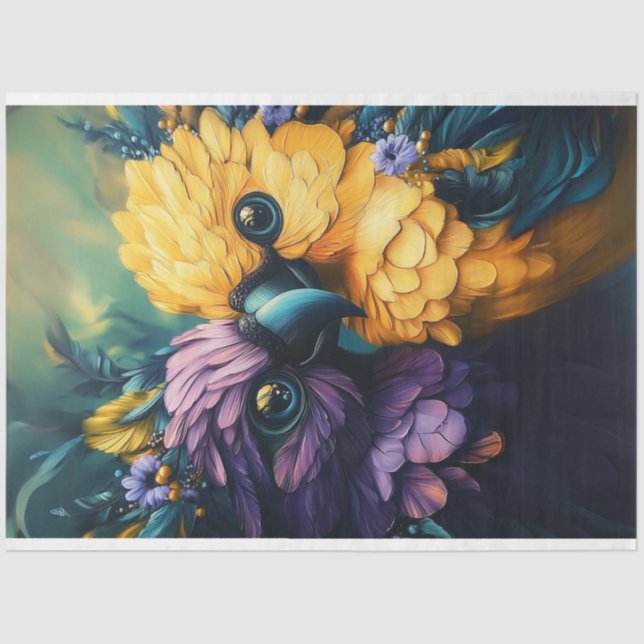 Decoupage Whimsical Teal Yellow Conure Parrots  Tissue Paper (Front)