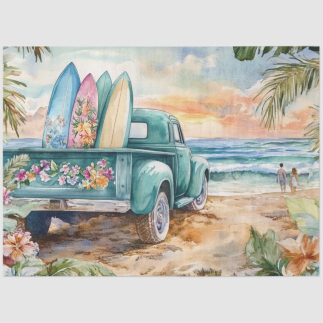 Decoupage Whimsical Truck Surfboard Beach Setting Tissue Paper (Front)