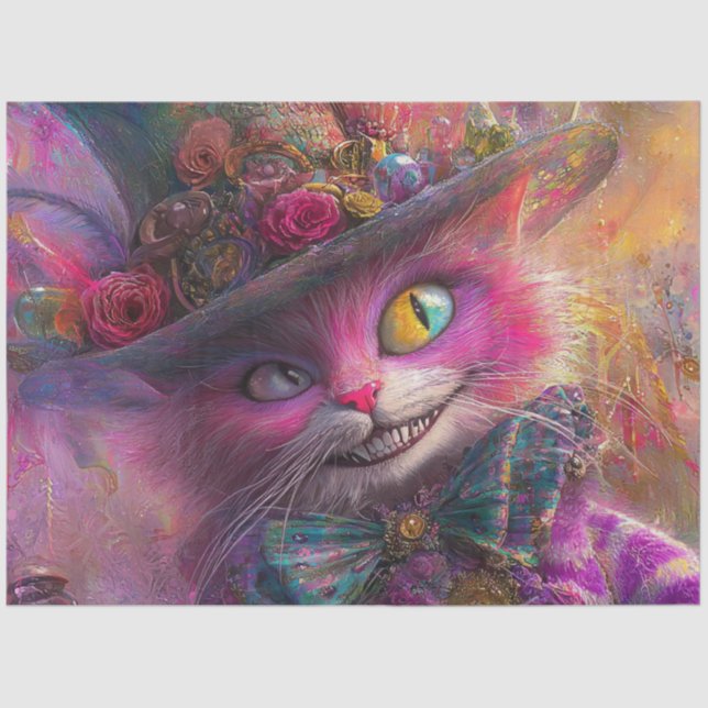 Decoupage Whimsical Vibrant Coloured Cat in a Hat Tissue Paper (Front)