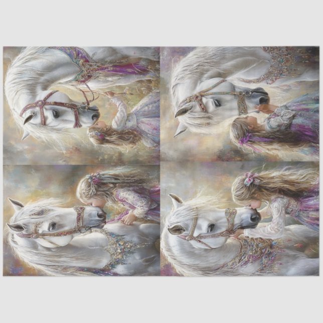 Decoupage Whimsical White Horse Adorned & Girl Tissue Paper (Front)