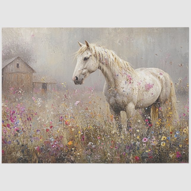 Decoupage Whimsical White Horse Field of Flowers  Tissue Paper (Front)