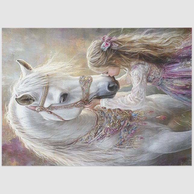 Decoupage Whimsical White Horse Lil Girl Purple  Tissue Paper (Front)