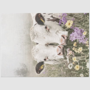 Decoupage White Cows in Field Wildflowers  Tissue Paper