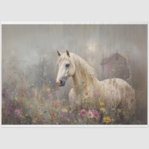 Decoupage White Horse Wildflower Field  Tissue Paper
