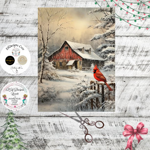 Decoupage Winter Scene Red Barn Cardinal Snow  Tissue Paper