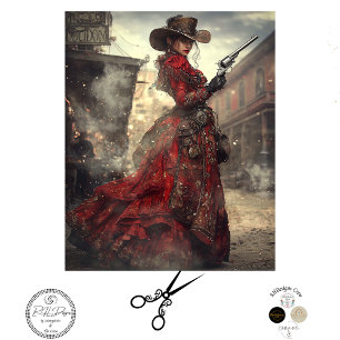 Decoupage Woman Gunslinger Red Ornate Dress Tissue Paper