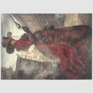 Decoupage Woman Gunslinger Red Ornate Dress  Tissue Paper
